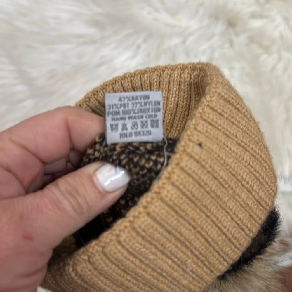 C.C Exclusives Soft Beanie Hat with Leopard Print Pattern and Faux Fur Pom